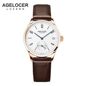 Agelocer Luxury Dress Watch Gold Watch Leather Strap Watch Automatic Day Date Watch 1202D2