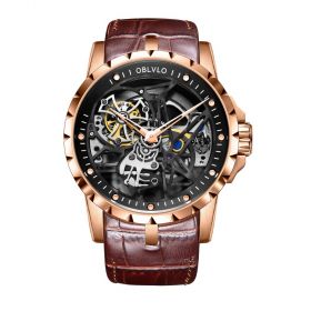 OBLVLO Skeleton Analog Display Tourbillon Automatic Watches Brown Leather Strap Waterproof Relogio Masculino OBL3603RSSB