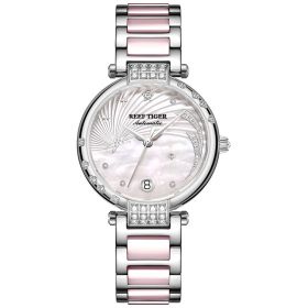 Reef Tiger Luxury Brand Pink Automatic Calendar Watch Women Link Bracelet Watch Steel Diamond Ceramic Wrist Watches RGA1592