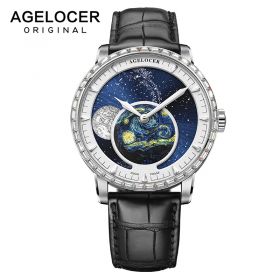 Agelocer Luxury Brand Designer Men Watch Moop Phase Stainless Steel Case Automatic Watches Genuine Leather Strap