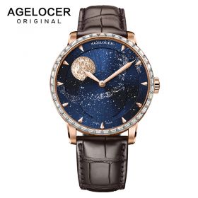 Agelocer Luxury Brand Designer Men Watch Moop Phase Rose Gold Case Automatic Watches Genuine Leather Strap