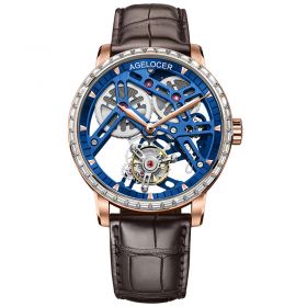 AGELOCER Swiss Brand Watch Sapphire Blue Skeleton Dial Leather Strap Watch Mechanical Hand Wind Mens Tourbillon Watches 