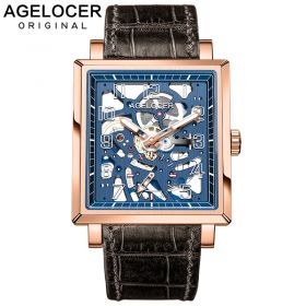 Agelocer Luxury Brand Super Luminous Rose Steel Skeleton Wrist Watches Automatic Watches For Men