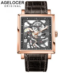 Agelocer Luxury Brand Super Luminous Rose Steel Skeleton Wrist Watches Automatic Watches For Men 3501D2