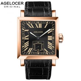 Agelocer Luxury Automatic Watches for Men Genuine Leather Strap Rose Gold Square Watches with Date 3303D1