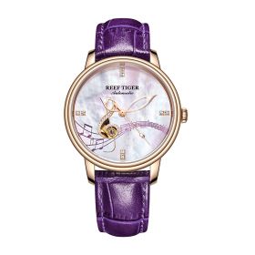Reef Tiger Love Melody Rose Gold With White Dial Purple Leather Strap Mechanical Automatic Watches RGA1582