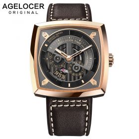 Agelocer New Design Luxury Automatic Watches for Men Rose Gold Waterproof Watches Leather Strap Relogio Masculino 5603D2