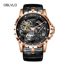 OBLVLO Skeleton Analog Display Tourbillon Automatic Watches Brown Leather Strap Waterproof Relogio Masculino RM-1