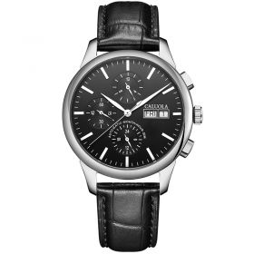 Caluola Automatic Men Watch Day-Date 24-Hour Black Dial Leather Strap Watches CA1057M