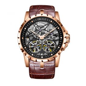 OBLVLO Mens Military Watches Automatic Watches Waterproof Rose Gold Skeleton Watch Brown Leather Strap Montre Homme OBL3606RSSW
