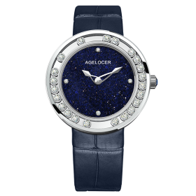 AGELOCER Sapphire Ladies Watch Women Waterproof Diamond Gold Blue Leather Wrist Watches Swiss Brand Bracelet Watch 6604A6