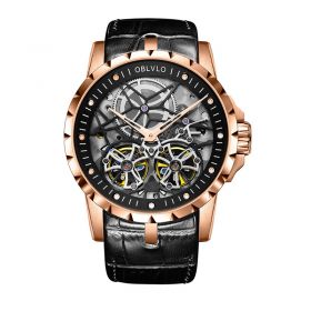 OBLVLO Mens Military Watches Automatic Watches Waterproof Rose Gold Skeleton Watch Brown Leather Strap Montre Homme OBL3606RSBW