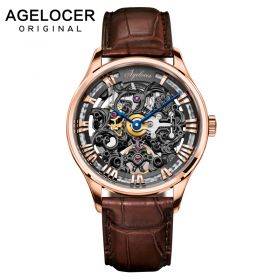 Agelocer Luxury Skeleton Watches Rose Gold Genuine Leather Strap Mechanical Watches Roman Numeral Mens Wristwatches 5402D2