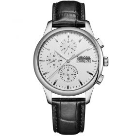 Caluola Automatic Men Watch Day-Date 24-Hour White Dial Leather Strap Watches CA1057M