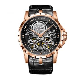OBLVLO Mens Military Watches Automatic Watches Waterproof Rose Gold Skeleton Watch Brown Leather Strap Montre Homme OBL3606RSBB