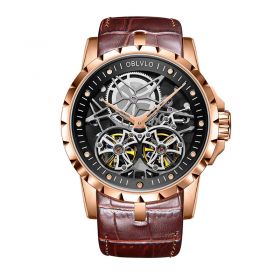 OBLVLO Mens Military Watches Automatic Watches Waterproof Rose Gold Skeleton Watch Brown Leather Strap Montre Homme OBL3606RSSB