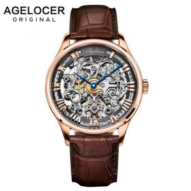 Agelocer Luxury Skeleton Watches Rose Gold Genuine Leather Strap Mechanical Watches Roman Numeral Mens Wristwatches 5401BroL
