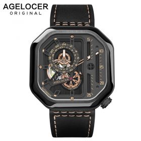 AGELOCER Sport Watches Automatic Luxury Watch Skeleton Watch Men Steel Waterproof Mechanical Watch Square Lumious 5803J3