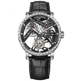 AGELOCER Luxury Top Brand 100% Real Tourbillon Mechanical Mens Watch Luxury Skeleton Watch Genuine Leather Watch 9001E1
