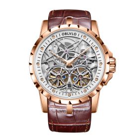 OBLVLO Mens Military Watches Automatic Watches Waterproof Rose Gold Skeleton Watch Brown Leather Strap Montre Homme OBL3606RSWW