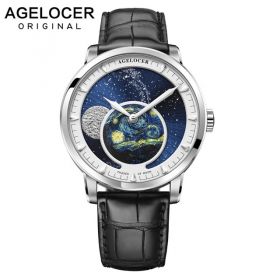 AGELOCER New Moon Phase Design Swiss Watch Mens Watches Top Brand Luxury Black leather Clock Men Automatic Watch 5401D9