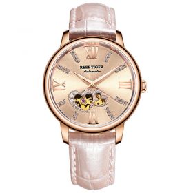 Reef Tiger Love Double Star Rose Gold Pink Dial Leather Strap Mechanical Automatic Watches RGA1580