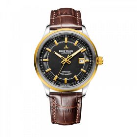 Reef Tiger Classic Imperator Steel/Yellow Gold Black Dial Brown Leather Strap Mechanical Automatic Watches RGA8015