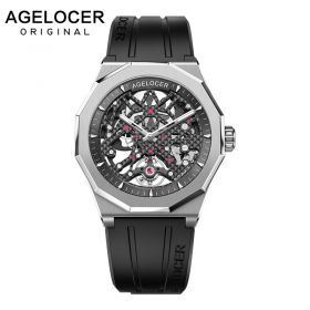 AGELOCER Swiss Luxury Watches Sport Men's Skeleton Mechanical Automatic Watch 80 Hours Power Reserve Wrist Watch Rubber Strap 6001A1-R