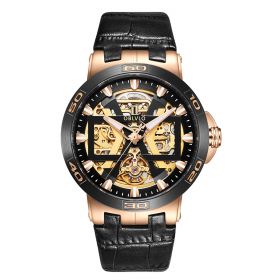 OBLVLO Rose Gold Automatic Watches With Skeleton Dial Leather Strap Waterproof Big Watch UM-T