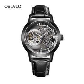 OBLVLO Casual Watches Mens Skeleton Dial Calfskin Leather Band Automatic Watches for Men Montre Homme OBL8238-BBBY