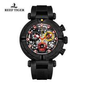 Reef Tiger Aurora Air Bubbles All Black Chronograph Skeleton Rubber Strap Steel Quartz Multifunctional Watches RGA3059-S-BBBR