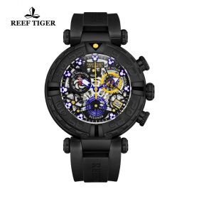 Reef Tiger Aurora Air Bubbles All Black Chronograph Skeleton Rubber Strap Steel Quartz Multifunctional Watches RGA3059-S-BBBL