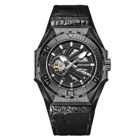 Reef Tiger Men Sports Watches Dive All Black Automatic Mechanical skeleton Watches Leather Strap RGA6903-S-BBB