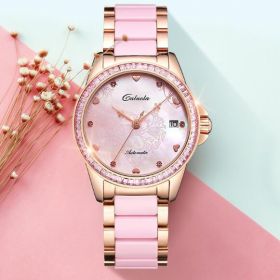 Caluola Automatic Mechanical Movement Diamond Fashion Rose Gold With Leather Strap Women's watch ceramic fashion trend waterproof CA1210ML-SPP