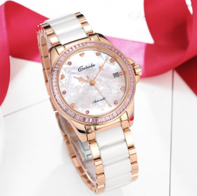 Caluola Automatic Mechanical Movement Diamond Fashion Rose Gold With Leather Strap Women's watch ceramic fashion trend waterproof CA1210ML-SW