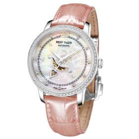 Reef Tiger Love Angel Fashion Women Steel Genuine Leather Strap Diamond Automatic Watch RGA1550