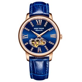 Reef Tiger Love Double Star Rose Gold Blue Dial Leather Strap Mechanical Automatic Watches RGA1580