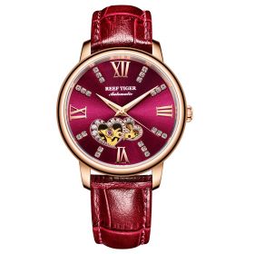 Reef Tiger Love Double Star Rose Gold Red Dial Leather Strap Mechanical Automatic Watches RGA1580