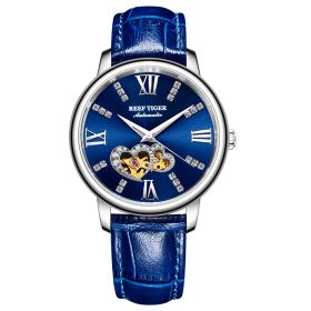 Reef Tiger Love Double Star Steel Blue Dial Leather Strap Mechanical Automatic Watches RGA1580
