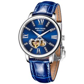 Reef Tiger Love Double Star Steel Blue Dial Leather Strap Mechanical Automatic Watches RGA1580