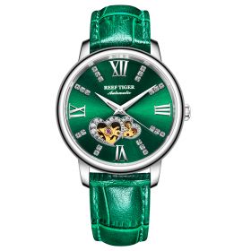 Reef Tiger Love Double Star Steel Green Dial Leather Strap Mechanical Automatic Watches RGA1580
