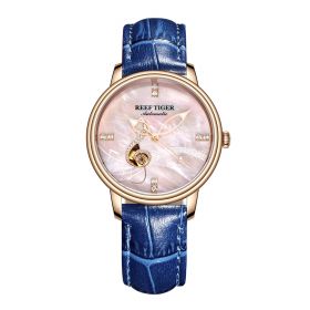 Reef Tiger Love Melody Rose Gold Pink Dial Blue Leather Strap Mechanical Automatic Watches RGA1582