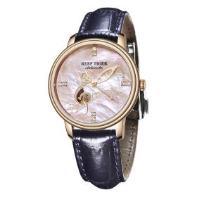 Reef Tiger Love Melody Rose Gold With White Dial Purple Leather Strap Mechanical Automatic Watches RGA1582
