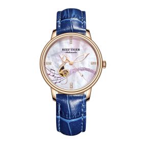 Reef Tiger Love Melody Rose Gold White Dial Blue Leather Strap Mechanical Automatic Watches RGA1582