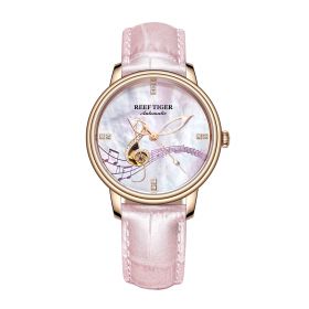 Reef Tiger Love Melody Rose Gold White Dial Pink Leather Strap Mechanical Automatic Watches RGA1582