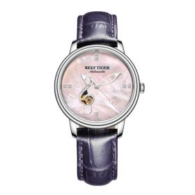 Reef Tiger Love Melody Steel Pink Dial Purple Leather Strap Mechanical Automatic Watches RGA1582