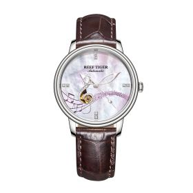 Reef Tiger Love Melody Steel White Dial Red Leather Strap Mechanical Automatic Watches RGA1582