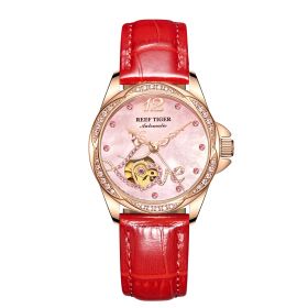 Reef Tiger Brand Luxury Rose Gold Flower Diamond Women Fashion Automatic Watch Leather Strap RGA1583