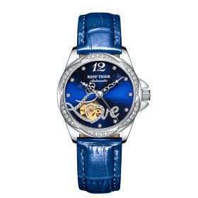 Reef Tiger Top Brand Luxury Steel Flower Diamond Women Fashion Automatic Watch Leather Strap RGA1583-YRY 