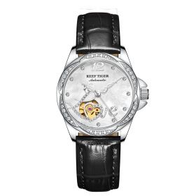 Reef Tiger Top Brand Luxury Steel Flower Diamond Women Fashion Automatic Watch Leather Strap RGA1583